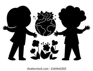 Cute eco friendly silhouette with kids holding earth in hands. Boy and girl caring of planet and environment. Earth day black stencil illustration. Ecological black shadow vector concept
