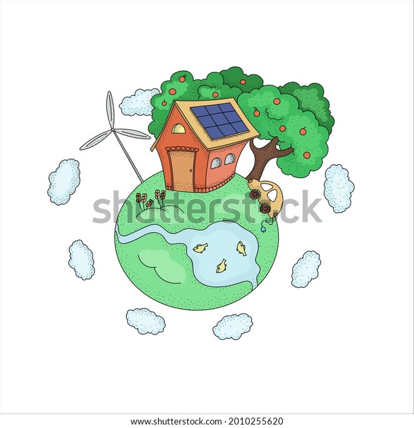 Cute eco planet with small house with solar\
panels and wind generator turbine.\
