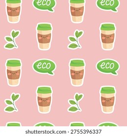 Cute eco seamless pattern with reusable coffee cup leaves and eco text on pink background
