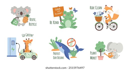 Cute eco Set of flat style illustrations with giraffe, koala, frog, fox, and whale on eco-friendly messages through their activities like recycling and tree planting. Isolated on white background.