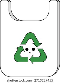 Linda Ilustración vectorial ecológica de una bolsa de compras reutilizable blanca con un símbolo de reciclaje sonriente.