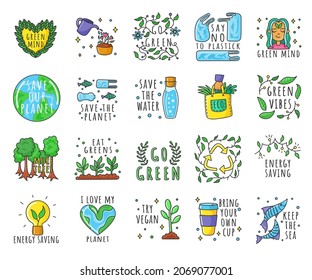 Cute ecology sticker set. Environmental emoticons, person with green mind, go vegan, save Earth or planet, recycle symbol vector illustrations isolated on white background. Nature, environment concept