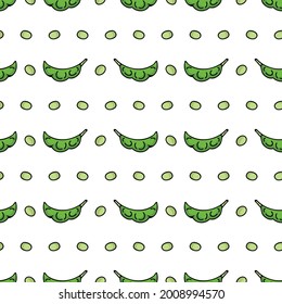 Überall wird der edamame gerissen. Handgezeichneter japanischer Sojabohnen-Snack, flacher Vektor nahtloses Muster. 