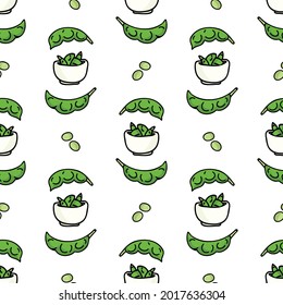 Cute edamame all over print. Hand drawn Japanese soy bean snack flat vector seamless pattern. 