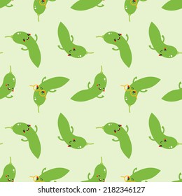 Cute edamame, green soy beans cartoon style characters vector seamless pattern background for healthy food, snack design.
