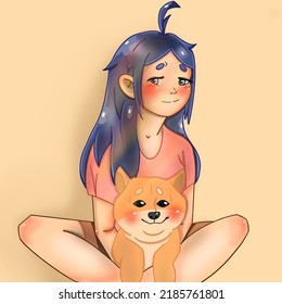 cute edge girl with blue hair sitting with shiba inu anime illustration