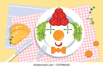 Cute edible clown on a plate, made of tomatoes, fried eggs, peas, salad and carrot by loving and creative parents for their children. Picky eating problem. Parenting challenges. Health and wellness.