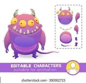 Monstruo editable. Maldad con 4 ojos, dientes y sonrisa. Adecuado para animación, video y juegos. Carácter neutro, negativo o editable positivo. Puede cambiar el color, la posición de las partes del cuerpo, la vestimenta