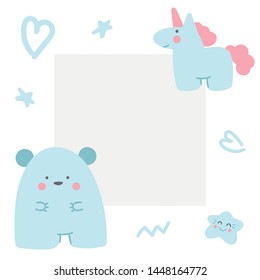 Cute editable post frame template for social media with a unicorn, a bear and doodle elements. White background. Photo space. Doodle style illustration. Vector.