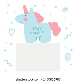 Cute editable post frame template for social media with a unicorn and doodle elements. White background. Photo and copy space. Doodle style illustration. Vector.