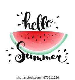 Cute editable watercolor styled watermelon slice with hello Summer lettering on white background. Vector illustration.