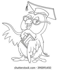 cute educated cartoon owl in a graduation cap and glasses is holding a book, isolated on a white background