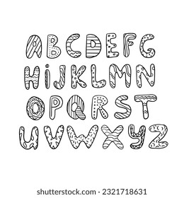 Klare Unterrichtsbriefe. ABC Handschrift im Doodle-Stil. Cute Cartoon-Alphabet in Vektorgrafik. Typografisches Design für Dekoration Kinderspielzimmer, Grußkarte, Poster, Banner. Einzeln auf Weiß