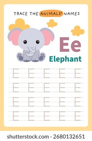 Cute educational vector illustration design of kids worksheet for writing alphabet beginning letters with animal images, isolated on background, printable activity for learning.