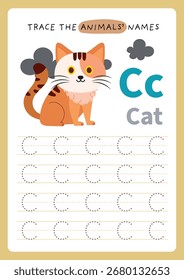 Design educacional bonito ilustração vetorial de crianças planilha para escrever alfabeto letras iniciais com imagens animais, isolado no fundo, atividade imprimível para aprendizagem.