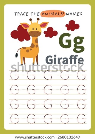 Cute educational vector illustration design of kids worksheet for writing alphabet beginning letters with animal images, isolated on background, printable activity for learning.