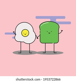 Cute egg and avocado toast hold hand Illustration. modern simple food vector icon, flat graphic symbol in trendy flat design style. Food character.