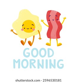 Cute egg and bacon poster. Breakfast vector print with kawaii textured food characters.