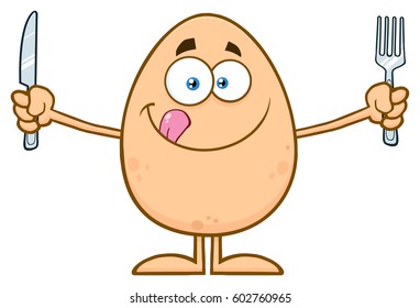 Cute Egg Cartoon Mascot Character Licking His Lips And Holding Silverware. Vector Illustration Isolated On White Background