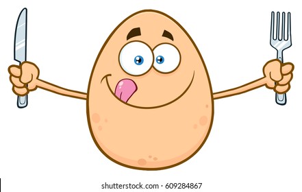 Cute Egg Cartoon Mascot Character Licking His Lips And Holding Silverware. Vector Illustration Isolated On White Background