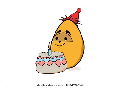 Cute Egg Character with a birthday Cake. Vector Illustration. Isolated on white background.