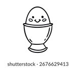 Cute egg character in egg cup smiling line art outline, monochrome hand drawn. Vector illustration.