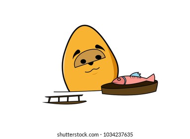 Cute Egg Character eating Fish. Vector Illustration. Isolated on white background.