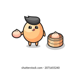 cute egg character eating steamed buns , cute style design for t shirt, sticker, logo element