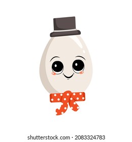 Cute egg character with happy emotions, joyful face, smile eyes, with bow and hat. Festive decoration for Easter. A mischievous culinary hero. Vector flat illustration