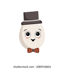 Cute egg character with happy emotions, joyful face, smile eyes, with bow and hat. Festive decoration for Easter. A mischievous culinary hero. Vector flat illustration