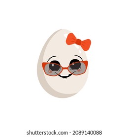 Cute egg character with happy emotions, joyful face, smile eyes, with bow and glasses. Festive decoration for Easter. A mischievous culinary hero. Vector flat illustration