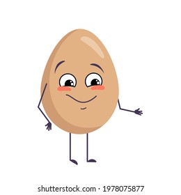 Cute egg character with joy emotions, smiling face, happy eyes, arms and legs. Festive decoration for Easter. A mischievous food hero with eyes. Vector flat illustration