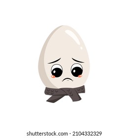 Cute egg character with sad emotions, depressed face, down eyes and scarf. Festive decoration for Easter. A mischievous culinary hero. Vector flat illustration