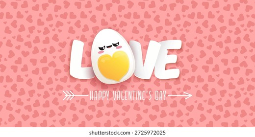Cute Egg Character Valentine s Day Vector Banner in Horizontal Format with Pink Hearts, Abstract Background and Funny Cartoon Style for Holiday Designs