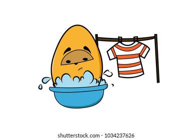 Cute Egg Character washing Clothes. Vector Illustration. Isolated on white background.