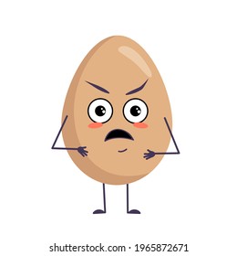 Cute egg characters with angry emotions, face, arms and legs. Happy Easter decoration. The funny or grumpy food hero. Vector flat illustration