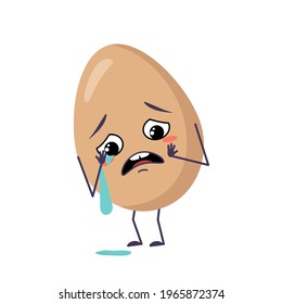 Cute egg characters with crying and tears emotions, face, arms and legs. Happy Easter decoration. The funny or sad food hero. Vector flat illustration