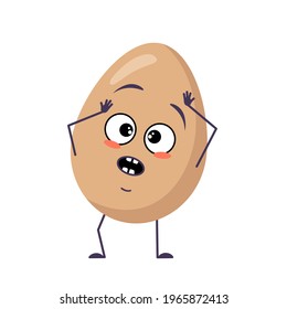 Cute egg characters with emotions in a panic grabs his head, face, arms and legs. Happy Easter decoration. The funny or sad food hero. Vector flat illustration