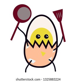 Cute Egg Characters Holding Cooking Ware. Vector Cartoon Illustration