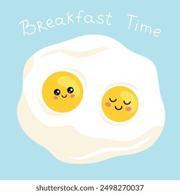 Cute egg characters lovingly look at each other, kawaii and lovely, simple flat vector illustration, good morning design concept, poster and banner, with text. Breakfast menu 