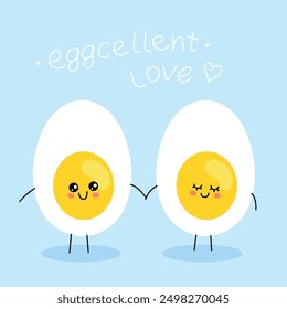 Cute egg characters lovingly look at each other, kawaii and lovely, simple flat vector illustration, good morning design concept, poster and banner, with text. Breakfast menu 