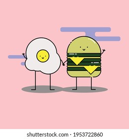 Cute egg and cheese burger hold hand Illustration. modern simple food vector icon, flat graphic symbol in trendy flat design style. Food character.