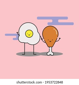 Cute egg and chicken drumstick hold hand Illustration. modern simple food vector icon, flat graphic symbol in trendy flat design style. Food character.