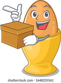 Cute egg cup cartoon character having a box