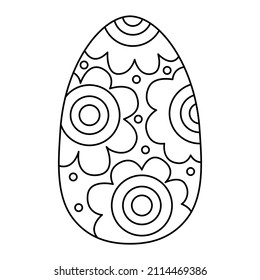 Cute egg decorated with  flowers. Great for Easter greeting cards, coloring books. Doodle hand drawn illustration black outline.	