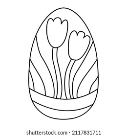Huevo dulce decorado con tulipanes primaverales. Excelente para tarjetas de felicitación de Pascua, libros de colorido. Dibujo dibujado a mano con un dibujo de un contorno negro.	