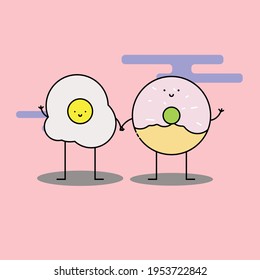 Cute egg and donut hold hand Illustration. modern simple food vector icon, flat graphic symbol in trendy flat design style. Food character.