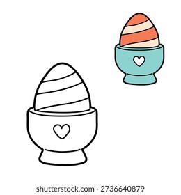 Cute egg in eggcup vector illustration and outline colouring page. Simple cartoon easter egg with clean lines and flat colour version. Perfect for children colouring books, nursery designs, education and kids activities.
