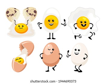 Cute egg faces. Kawaii eggs set. Easter eggs friends with funny face vector set, friendly caricature breakfast egg persons isolated on white background