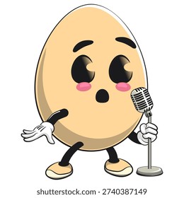 cute egg mascot character on front of the mic, isolated vector illustration, work of hand drawn